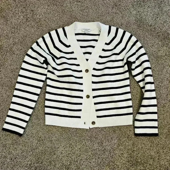 Studio B Brand Navy & White Striped Nautical Style Cardigan Sweater, Size Medium - Picture 1 of 5